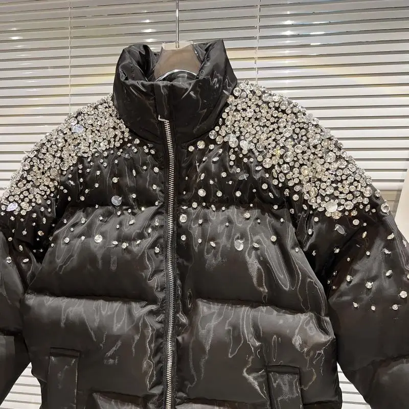 Black Cotton-Padded Coat 2021 Winter New Shoulder Particles Rhinestone Beaded Design Bread Coat Loose Warm Parkas for Women