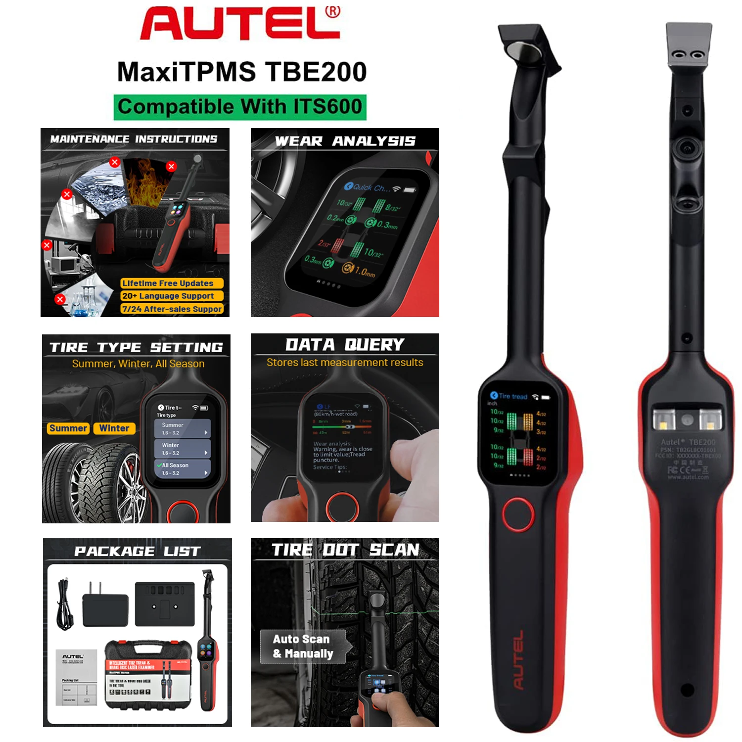 

Диагностический сканер Autel MaxiTPMS TBE200 для шин, автомобильный инструмент, лазерный инструмент для глубины протектора шин и износа тормозных ди...