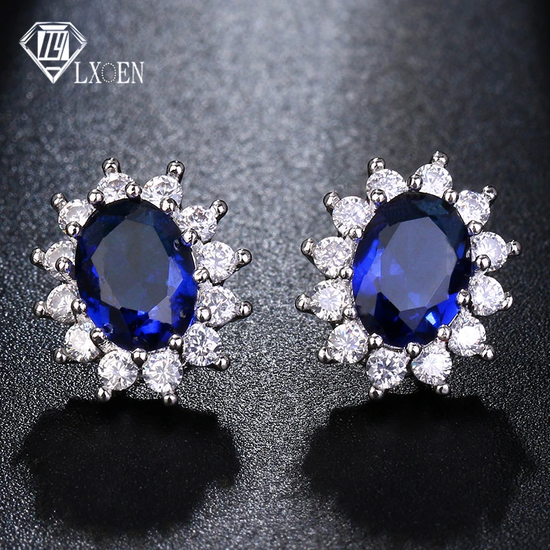 

LXOEN Fashion Blue Oval Zircon Stud Earrings for Women Present Gift Red Crystal Bijoux for Girl Earings Oorbellen Small Earrings