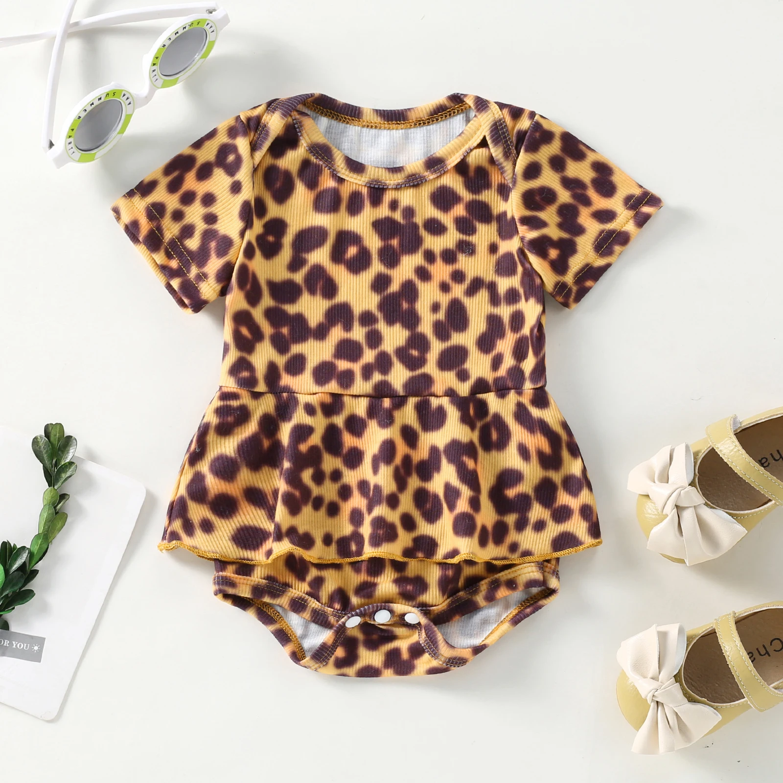 

0-24 Months Toddler Girls Summer Casual Romper Short Sleeve Round Neck Leopard Print Tutu Playsuit