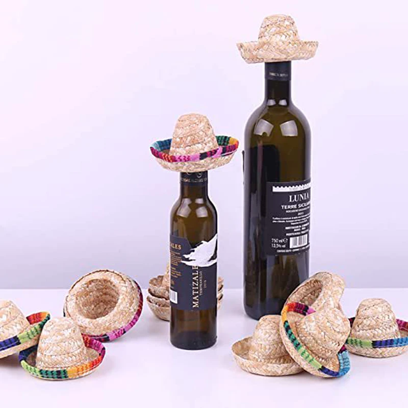 1Pcs Cute Mini Mexican Wine Hat Straw Hat Bottle Toppers Win
