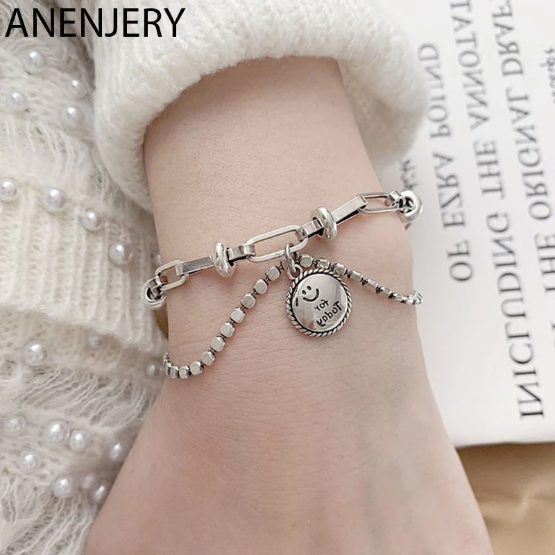 

S925 Stamp Silver Color Smiling Face Double Chain Bracelet For Women Thai Jewelry Gifts S-B486