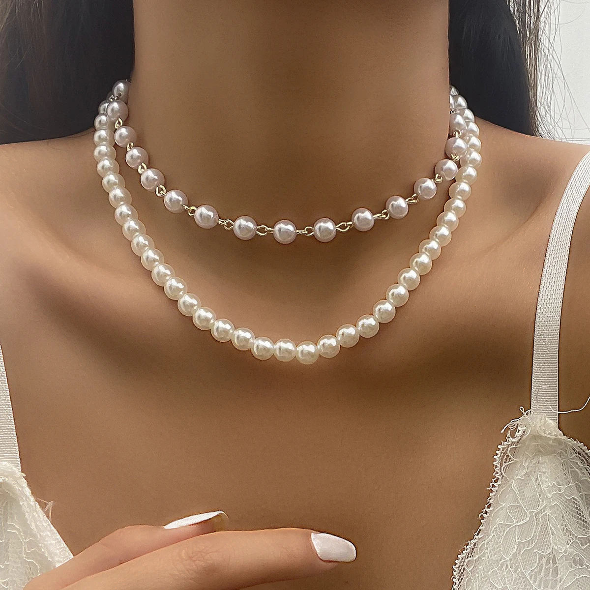 

2pcs/Set Retro Elegant Simulated Pearls Necklace For Women Handmade Beaded Multi Layer Clavicle Chain Choker Necklace Jewelry