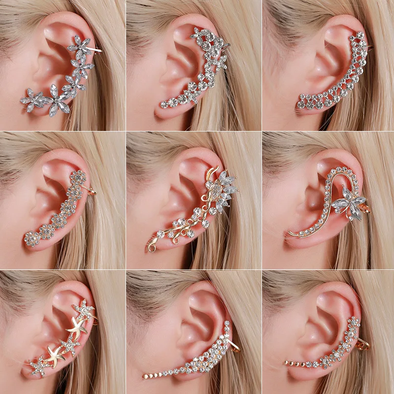 

WANGAIYAO's new temperament full of diamonds, butterfly flowers, single crystal ear clips, hipster catwalk nightclub earrings, e