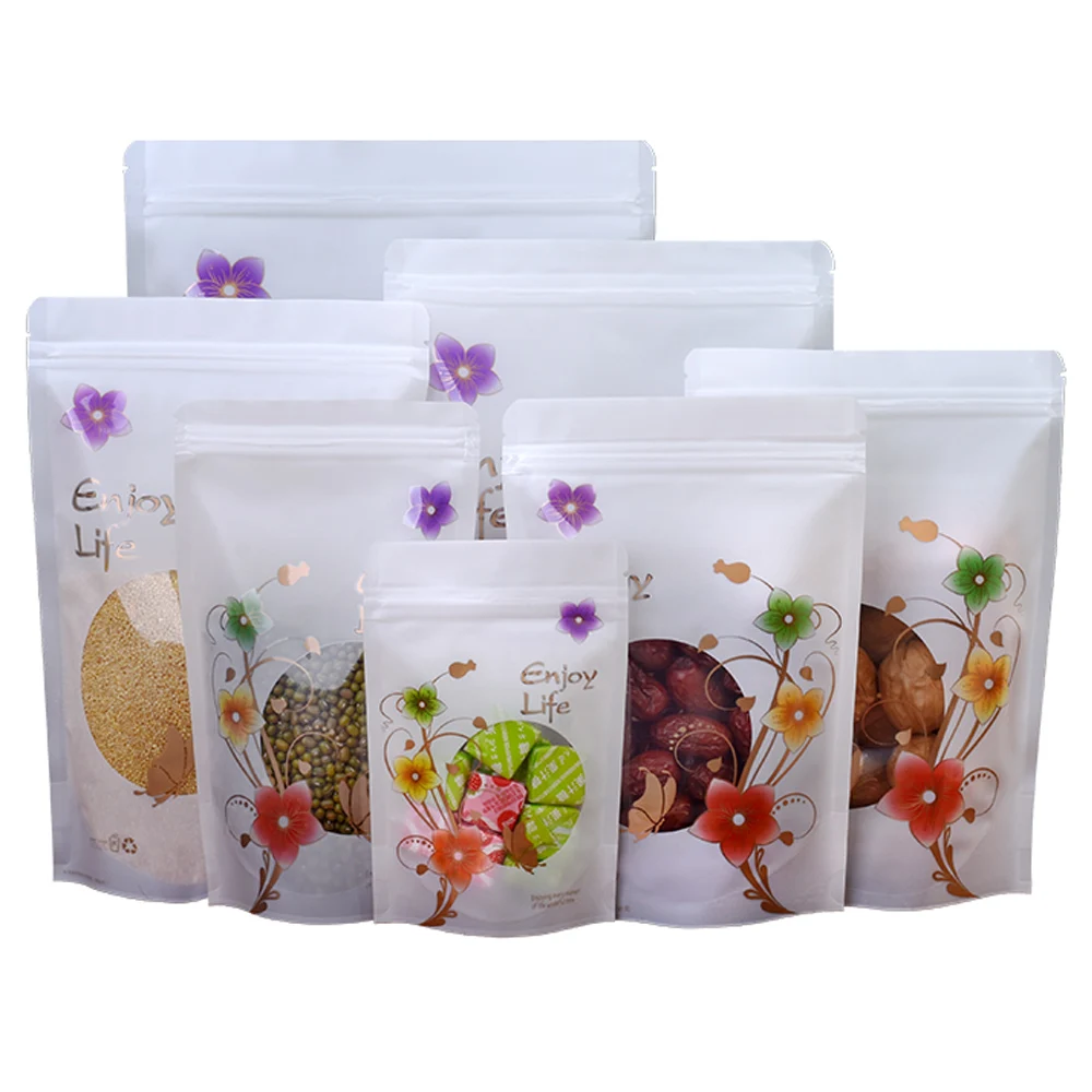 

100Pcs/Lot Color Flower Transparent Window Plastic Stand Up Bag Food Snacks Tea Nuts Candy Dried Fruits Coffee Zip Lock Reusable