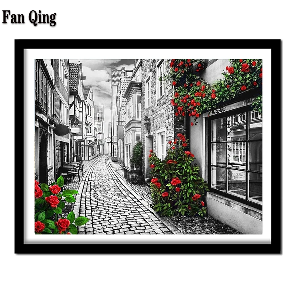 

5D Diamond Painting Street Black White Roses Diamond Embroidery Landscape Full Square Mosaic stitch Home Decoration Handicrafts