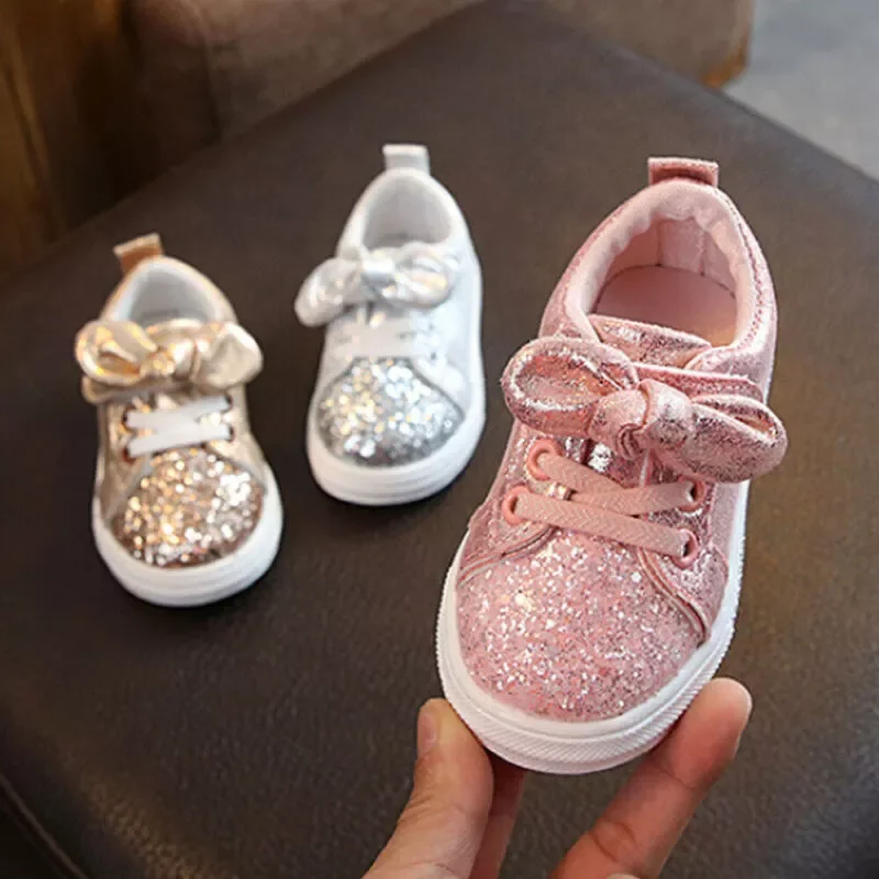 

2019 Children Four Season Shoes 1-3 Years Toddler Baby Girls Bow Sequin Crib Shoe Trend Casual Shoes Glitter Bowknot Dress Shoes