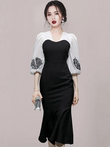 Элегантное Черное офисное платье, осень 2024, белое винтажное платье с V-образным вырезом, рукавами-фонариками и высокой талией