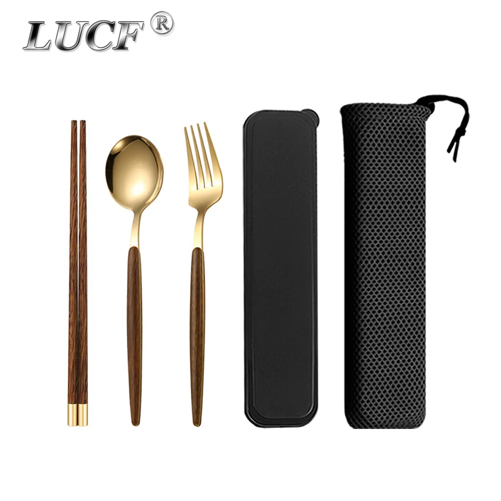 LUCF Wooden Handle Portable Traveling Cutlery Set 3 in 1 Box Bag Stainless Steel Fork/Spoon/Chopsticks For Camping Picnic Party