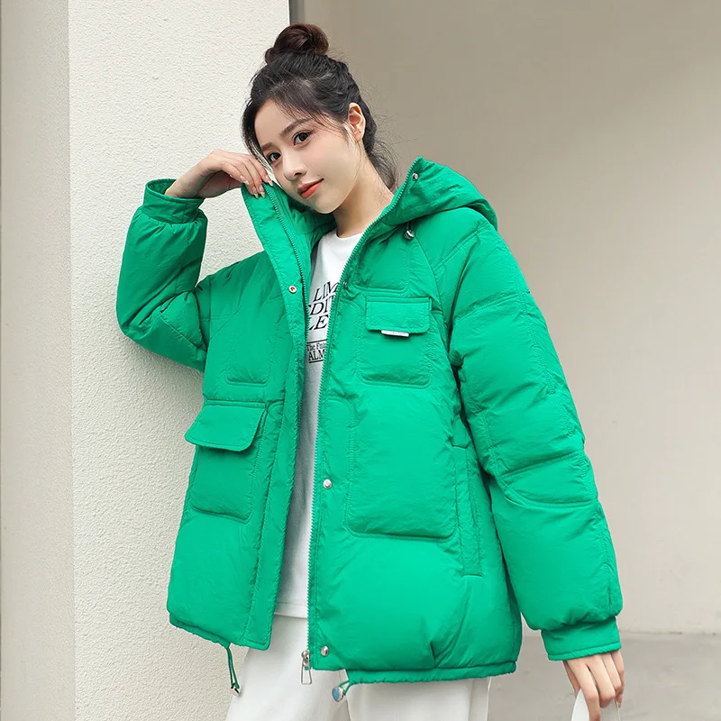 Korean Style Oversized Hooded Mid-length Cotton Padded Coat Women Loose Warm Thicken Fluffy Overcoat Snow Wear Solid Outwear