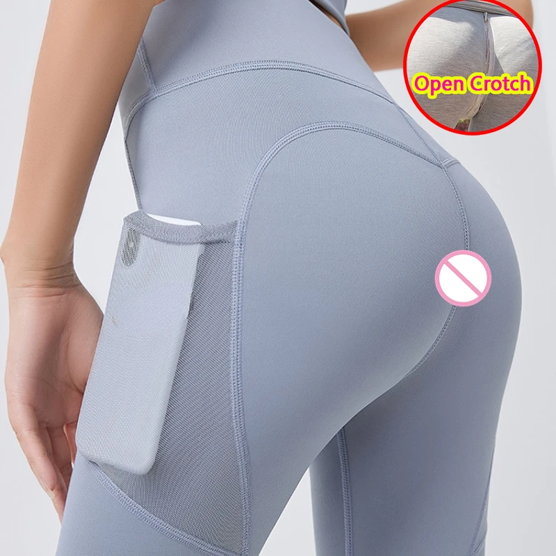 Woman Sexy Open Crotch Yoga Leggings Gym Sport Pocket Hidden Zipper Panties Fitness Hot Pants Tight Crotchless Push Up Panties