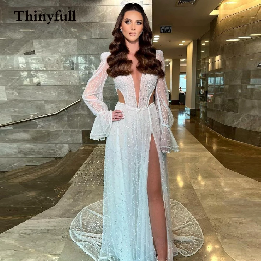 

Thinyfull Sexy Fashion Long Sparkly Sequines Wedding Dress 2022 Full Sleeves V Neck Formal Evening Bride Prom Gowns Dresses