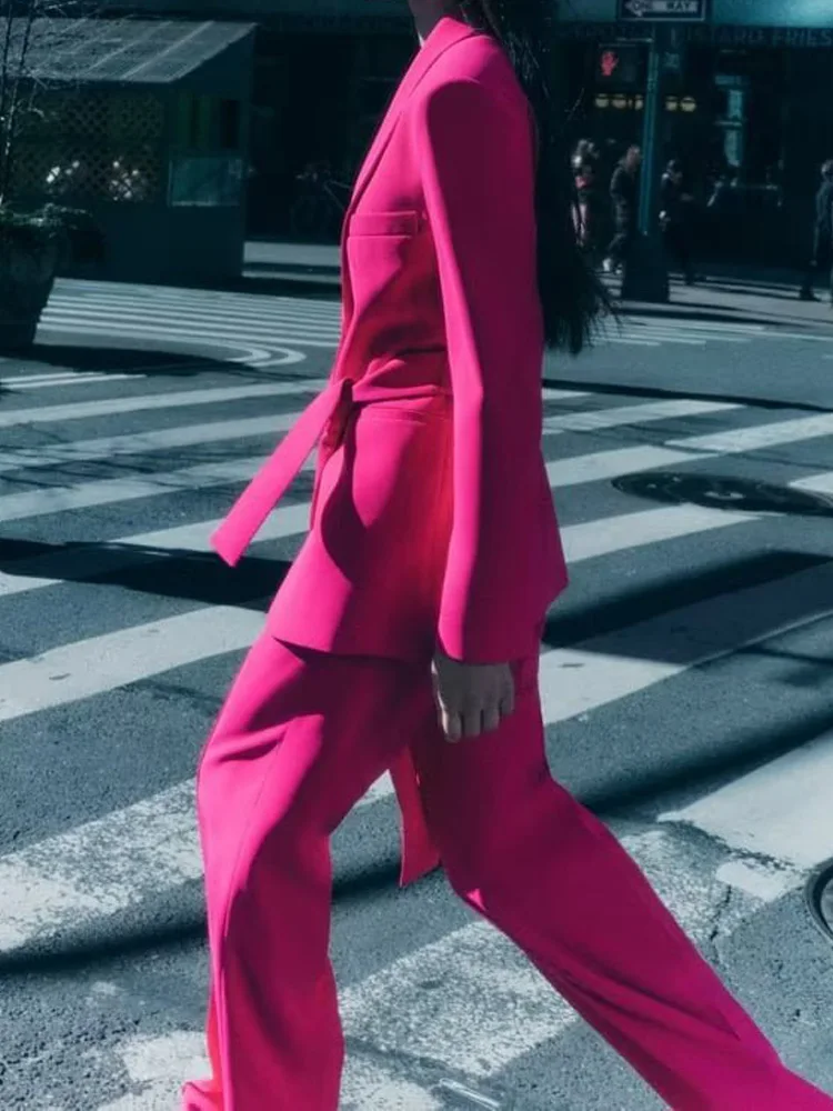 

2023 Spring Summer 2 pieces sets Fashion Blazers Suit Coats ang Trousers Female Street Solid Belt Elegant Suits Clothing