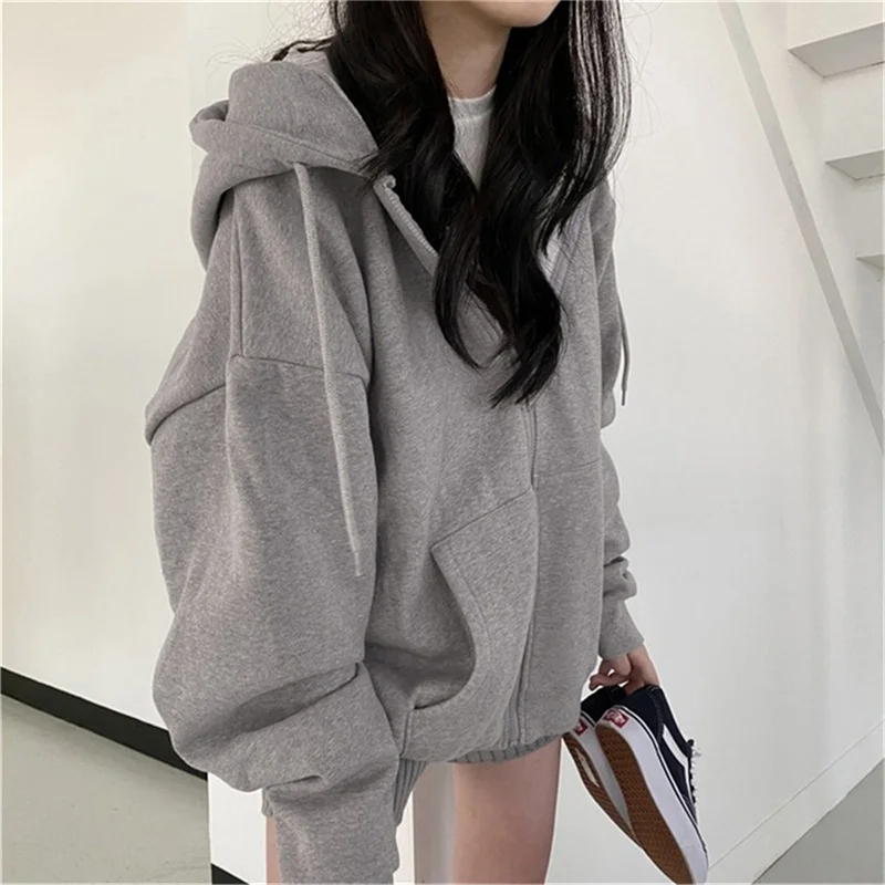 

1PC Women Harajuku Solid Color Zipper Hoodies Autumn Winter Casual Long Sleeve Sweatshirts Coat