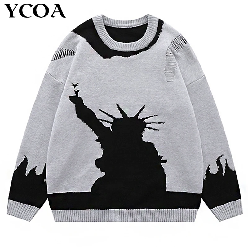 

Men Winter Sweater Gothic Clothes Fashion Vintage Portrait Print Knit Jacquard Pullovers Long Sleeve O-neck Aesthetic Streetwear