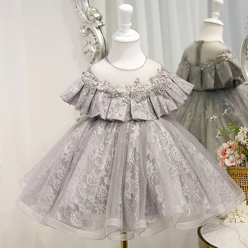 

Flower Lace tulle dress for girl flower girl wedding beauty pageant baby 1st birthday party princess tutu boutique girls' dress