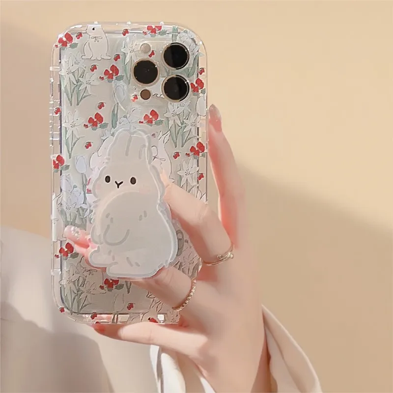 Korea Flower Rabbit with Stent Phone Case For iphone 14 13 12 11 Pro Max X XR XSMAX 7 8 Plus SE TPU Cute Case Cover New Products