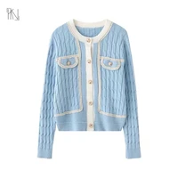 blue patchwork gold trim long sleeve knitted cardigan 2022 autumn new women french round neck single breasted loose jumper