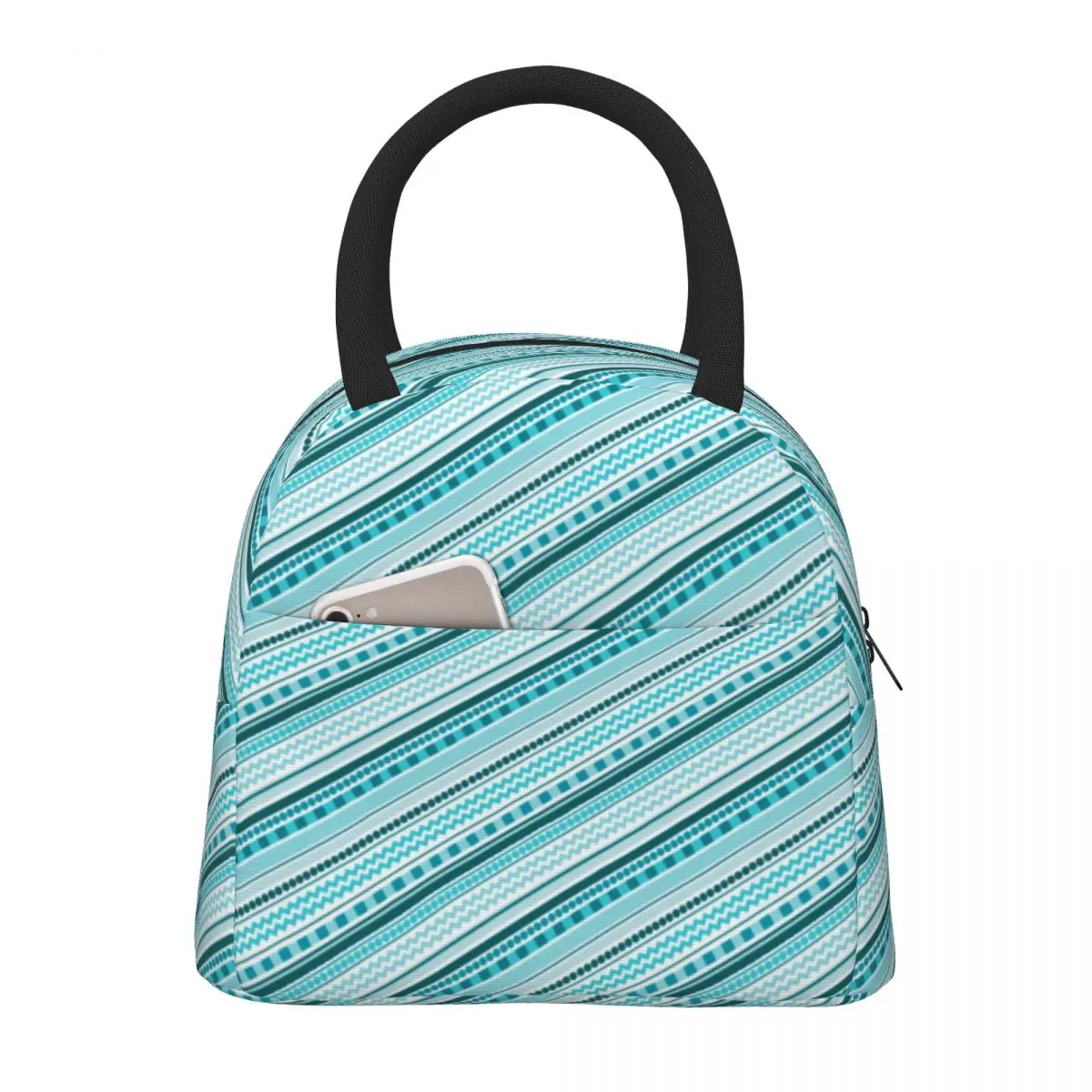 

Retro Dots Stripes Lunch Bag Blue Line Design Funny Lunch Box Travel Portable Insulated Cooler Bag Oxford Print Tote Food Bags