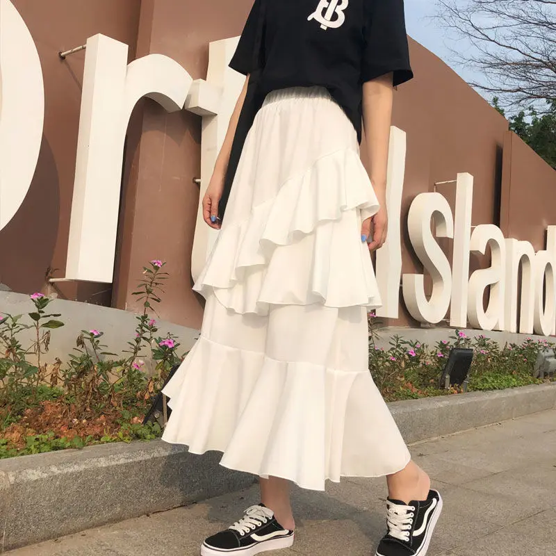 2022 Ruffles A-line Solid  High Waist Skirts Women Korean Chic Spring Long Skirts All Match Elegant Faldas Fashion 15535