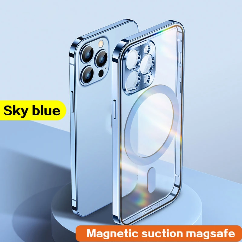 

Роскошные чехлы для телефонов Magsafe с рамкой из алюминиевого сплава для iPhone 13, 12pro Max, Прозрачный бампер, Магнитный чехол для беспроводной заря...