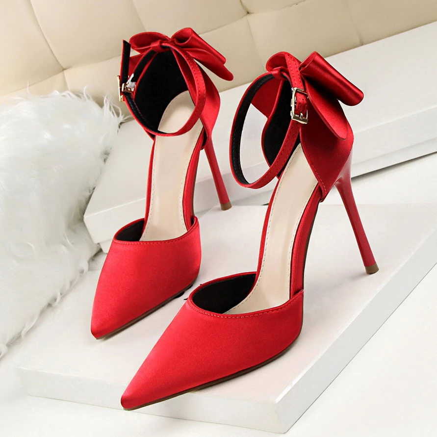 

BCEBYL 2023 New Fashion Stiletto High Heel Shallow Mouth Pointed Toe Satin Hollow Back Bow Tie Sandals Zapatos De Tacon Mujer