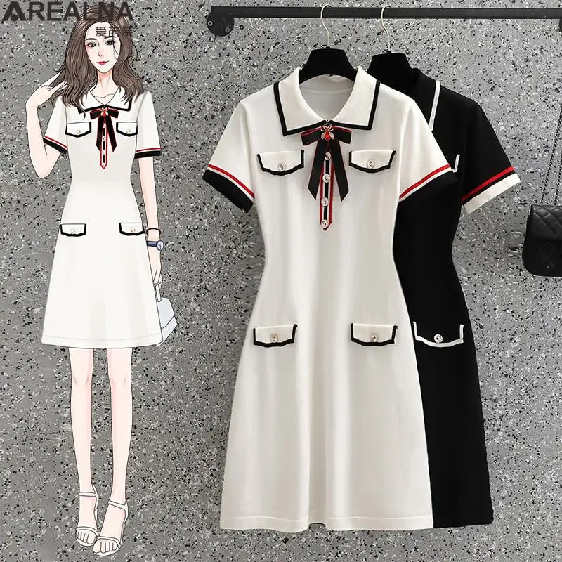 L- 4XL Summer Knit Polo bow Dress Women Black white Korean fashion small fragrance button Casual evening dresses for women 2023