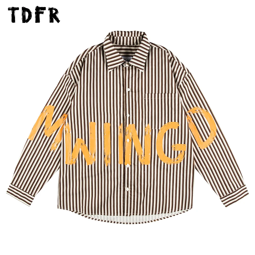 

Letter Print Striped Shirt Mens Autumn Amekaji Streetwear Loose Drop Shoulder Curved Hem Long Sleeve Shirts