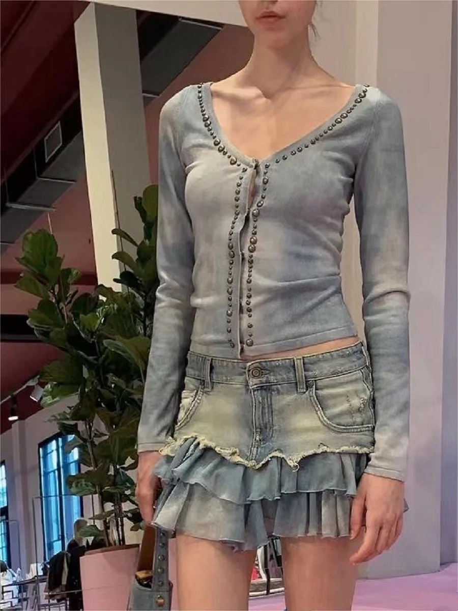 

2023 Summer Women's Sewing Flash Switch Women's denim skirt y2k clothes new fashion high -quality ruffled skirt traf bra XL