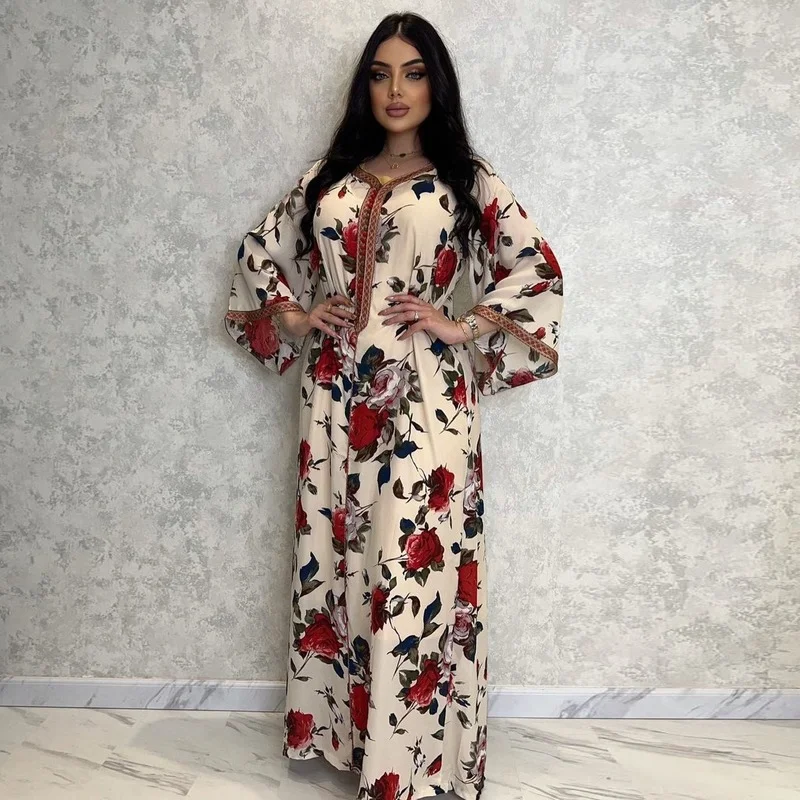 

Fashion Floral Print Muslim Maxi Dress Women Dubai Abaya Arabic Turkey Moroccon Kaftan Islamic Clothing India Gown Robe 2022