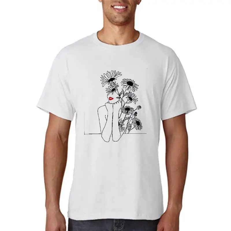 

New Women T Shirt Line Art Woman with Flowers Print T Shirt Female Harajuku Tops Aesthetics Tee Woman Casual Short Sleeve Tshirt