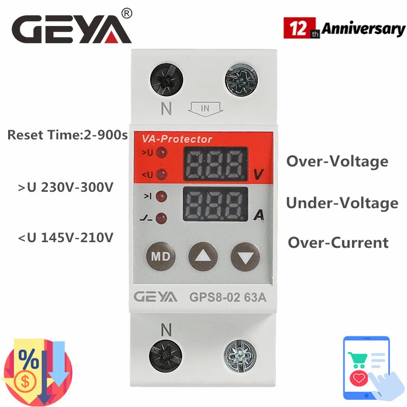 Dispositivo Protetor de Tensão Geya Gps8 Dispositivo de Proteção com Trilho Duplo de Exibição Ajuste de Corrente Sobretensão Relé de 63a 220v 230v Disjuntores