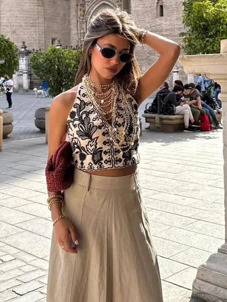 Zbza Женский Топ Без Рукавов С Вышивкой И V-образным Вырезом На Спине Со Скрытой