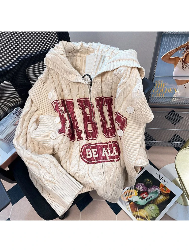 

Женский вязаный кардиган с капюшоном, повседневный свободный Универсальный свитер с надписью, уличная одежда Y2k, зима 2023