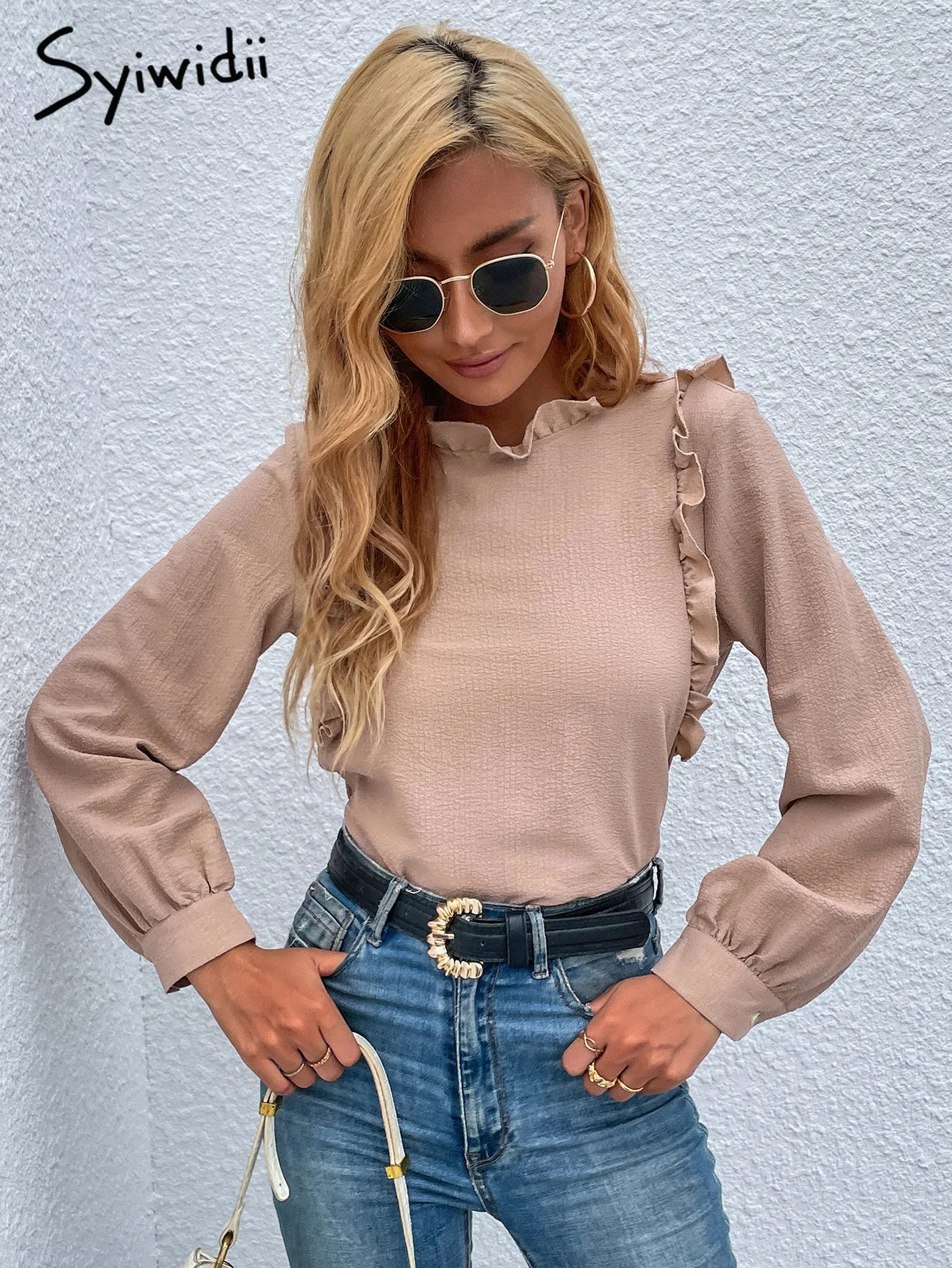 

Syiwidii Blouse Women Tops Pink Pullover Shirts Long Lantern Sleeve Pullover Clothes Patch Designs Ruffled RUFFLES Woven 2022