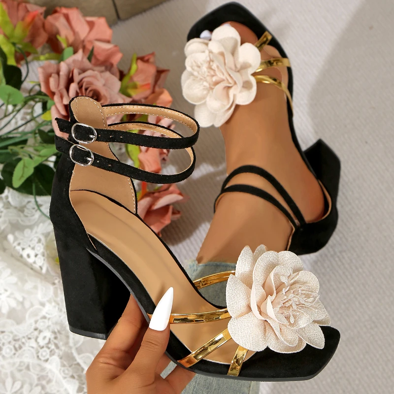 Женские сандалии на массивном каблуке с цветочным принтом пикантная обувь