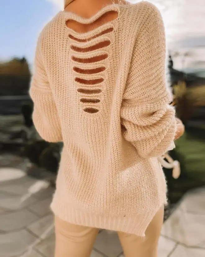 

2022 Women Ladder Cutout Open Back Chunky Knit Sweater Autumn Winter Elegant Warm Pullovers Fashion Solid Jumper Knitwear Pull