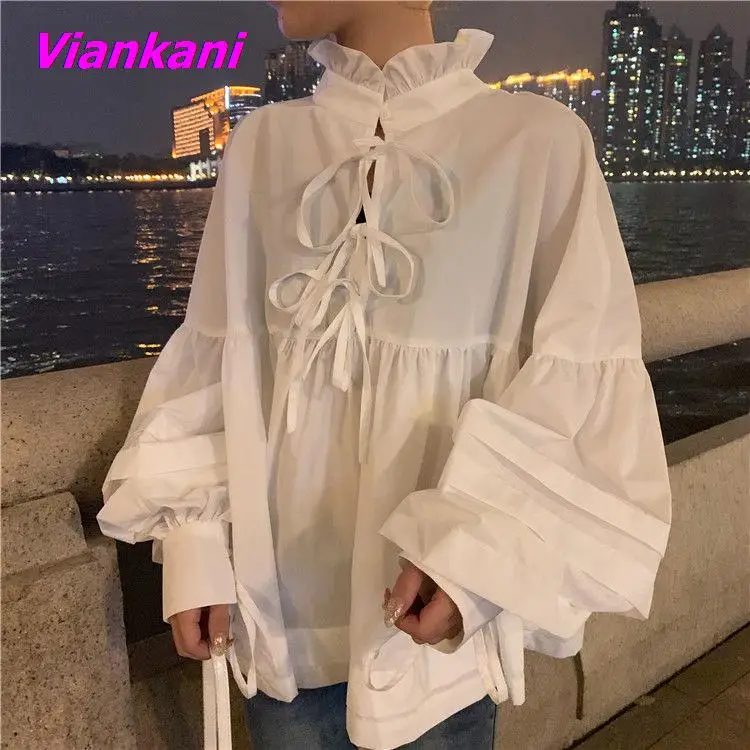 

Women Shirts Autumn Sweet Stand Neck Doll Shirt Female Korean Fashion Puff Sleeve Blouse Cross Lace Up White Black Top Blusas