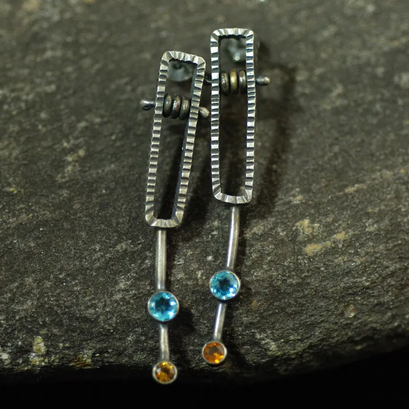 

Women's Vintage Extra Long Irregular Rectangle Metal Earrings with Blue Stone Drop Earrings