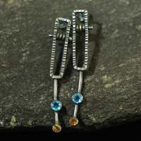 womens vintage extra long irregular rectangle metal earrings with blue stone drop earrings