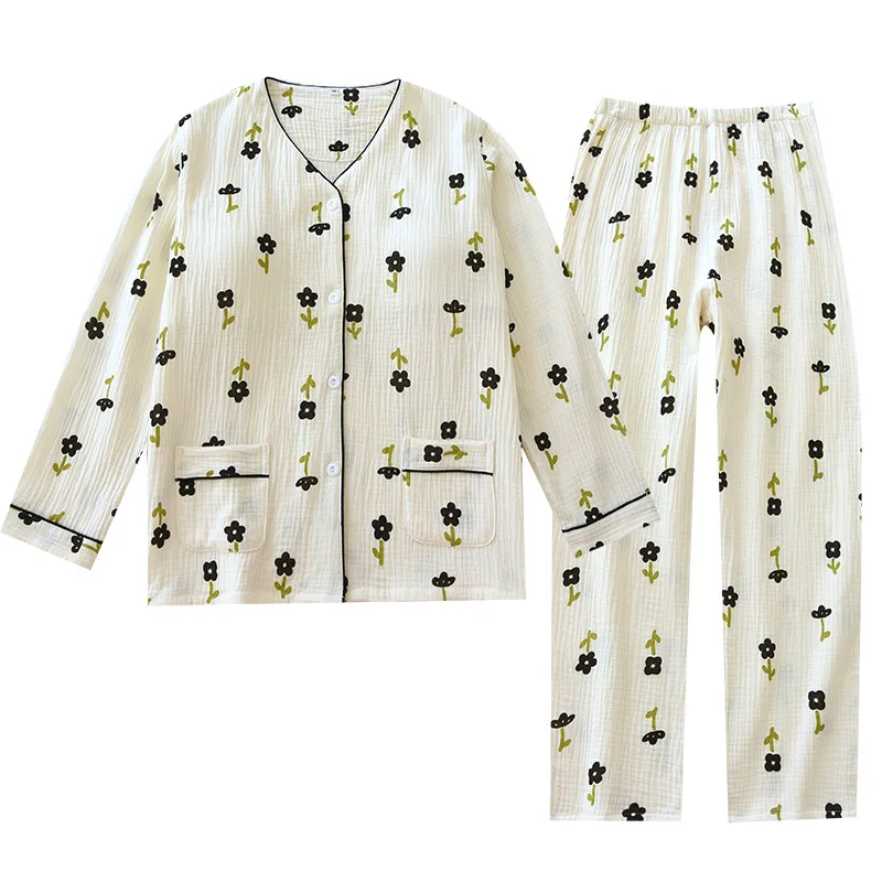 Pajamas for Women with Chest Pads Detachable Spring and Autumn V-neck Pure Cotton Sweet Suit Long-sleeved Home Two Pieces Set