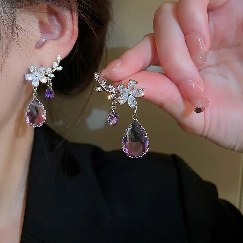 

Minar Textured Shiny CZ Cubic Zirconia Flower Earring for Women Girls Purple Color Crystal Branch Drop Earrings Korean Jewelry