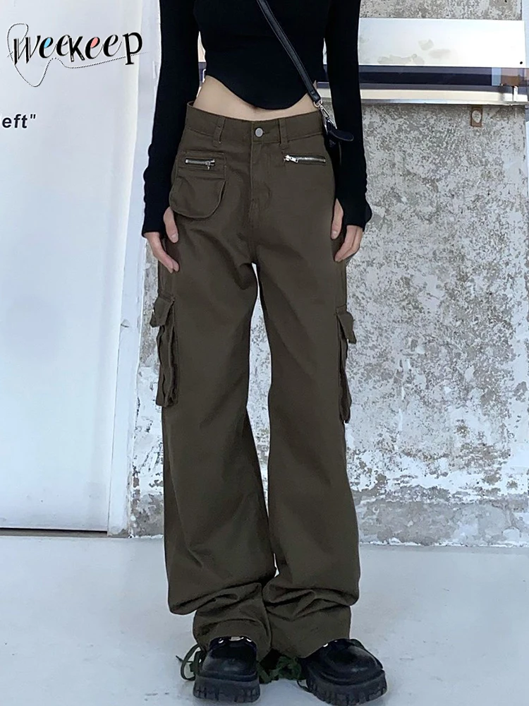 

Weekeep Grunge Baggy Cargo Pants Retro Brown Pocket Patchwork Casual Trousers y2k Aesthetic Streetwear Women Capris 2000s Basic