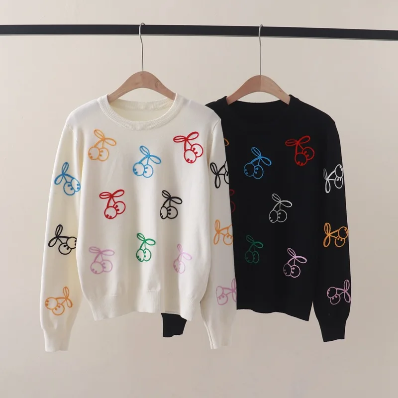 Новинка Осень-Зима Милый Молодежный красочный вышитый Вишневый пуловер с