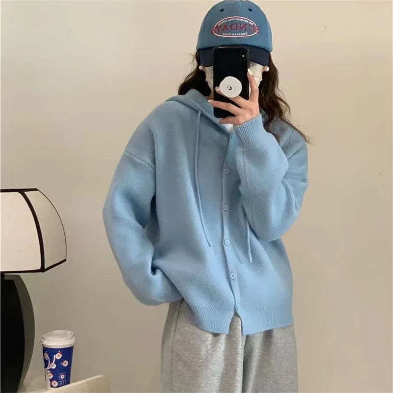 

Однотонный свитер с капюшоном в ленивом стиле новинка Весна-Осень корейский Мягкий Вязаный Кардиган Топ
