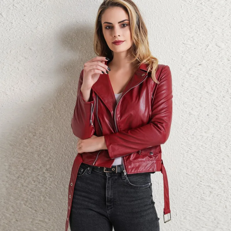 Женская короткая мотоциклетная куртка Повседневная облегающая из искусственной