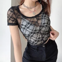 2021 summer sexy lace see through crop tops women y2k o neck short sleeve floral short t shirts fashion chic cute tees black emo