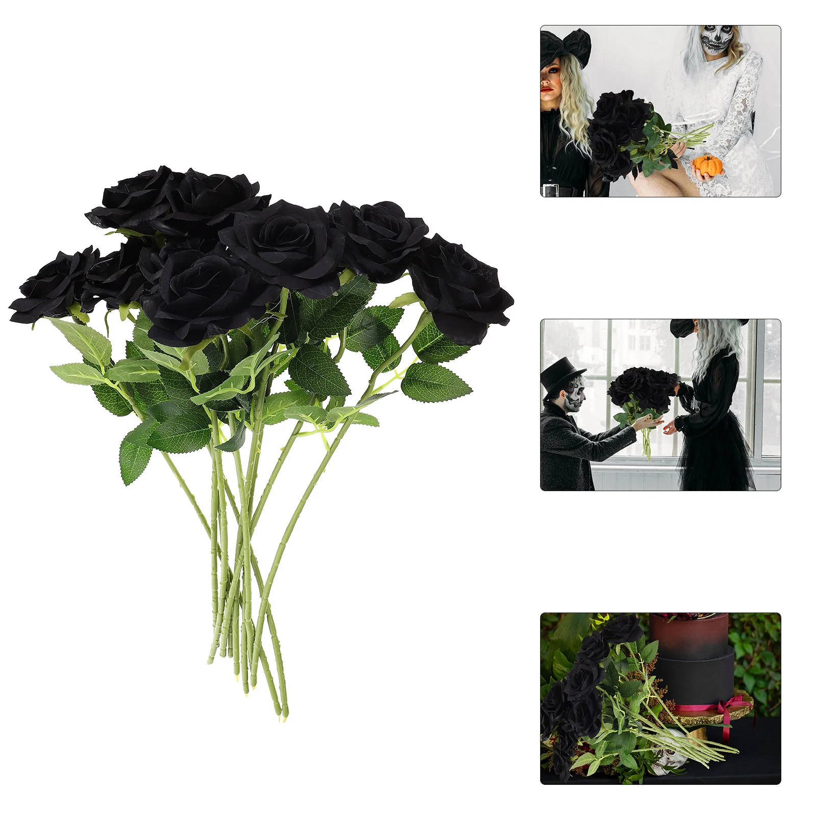10 Pcs Black Roses Halloween Silk Cloth Flower Bouquet Decor Fake Arrangement Vase