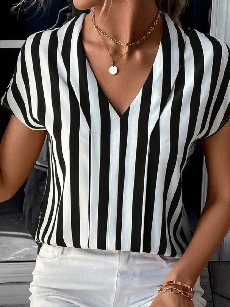 

Women's Clothing Summer Shirts & Blouses New Short Sleeve Stripe Loose Print Top Casual V-neck Shirt Blusas Mujer De Moda 2023