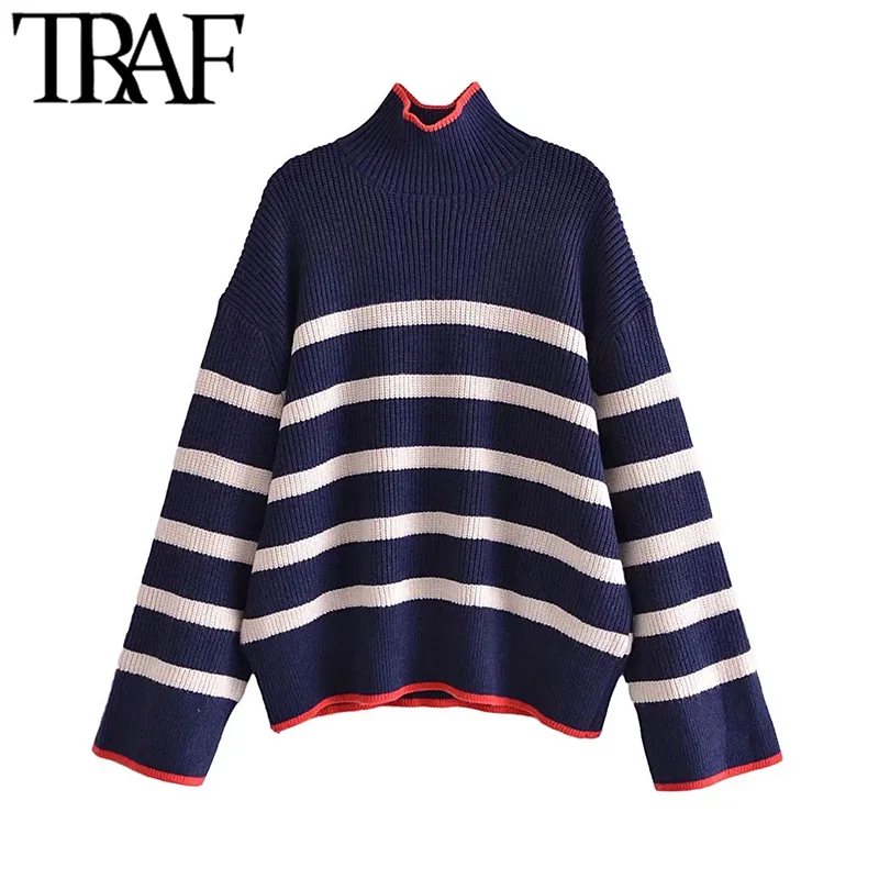 

Traf moda feminina oversized listrado camisola de malha vintage gola alta manga longa feminino pullovers chiques topos